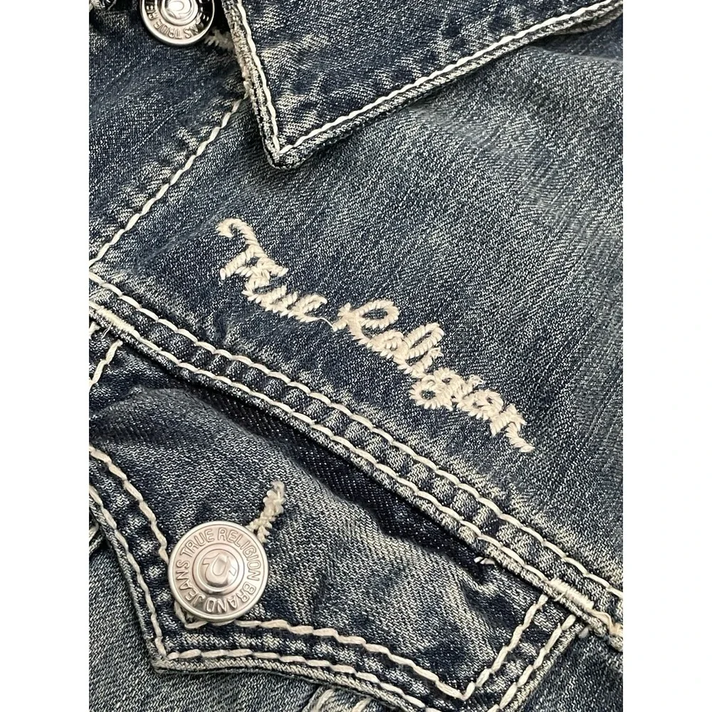True Religion Jimmy Denim Trucker Jacket L Embroidered Thick Stitch Flap Pockets